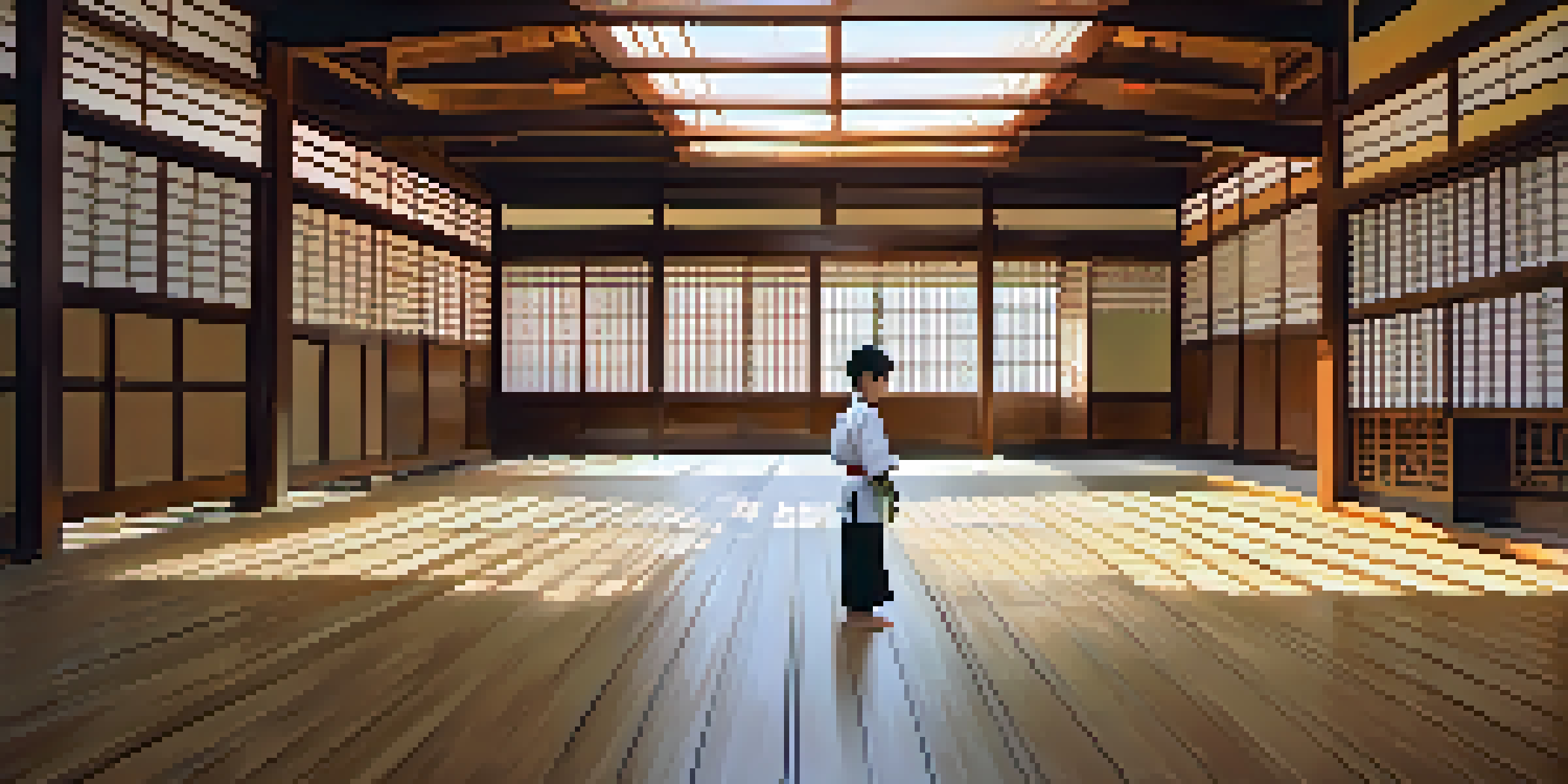 A young martial artist practicing in a traditional dojo, with wooden floors and soft sunlight filtering through shoji screens.