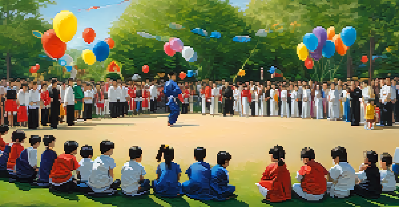 An outdoor martial arts event with families watching students showcase their skills, emphasizing community engagement.