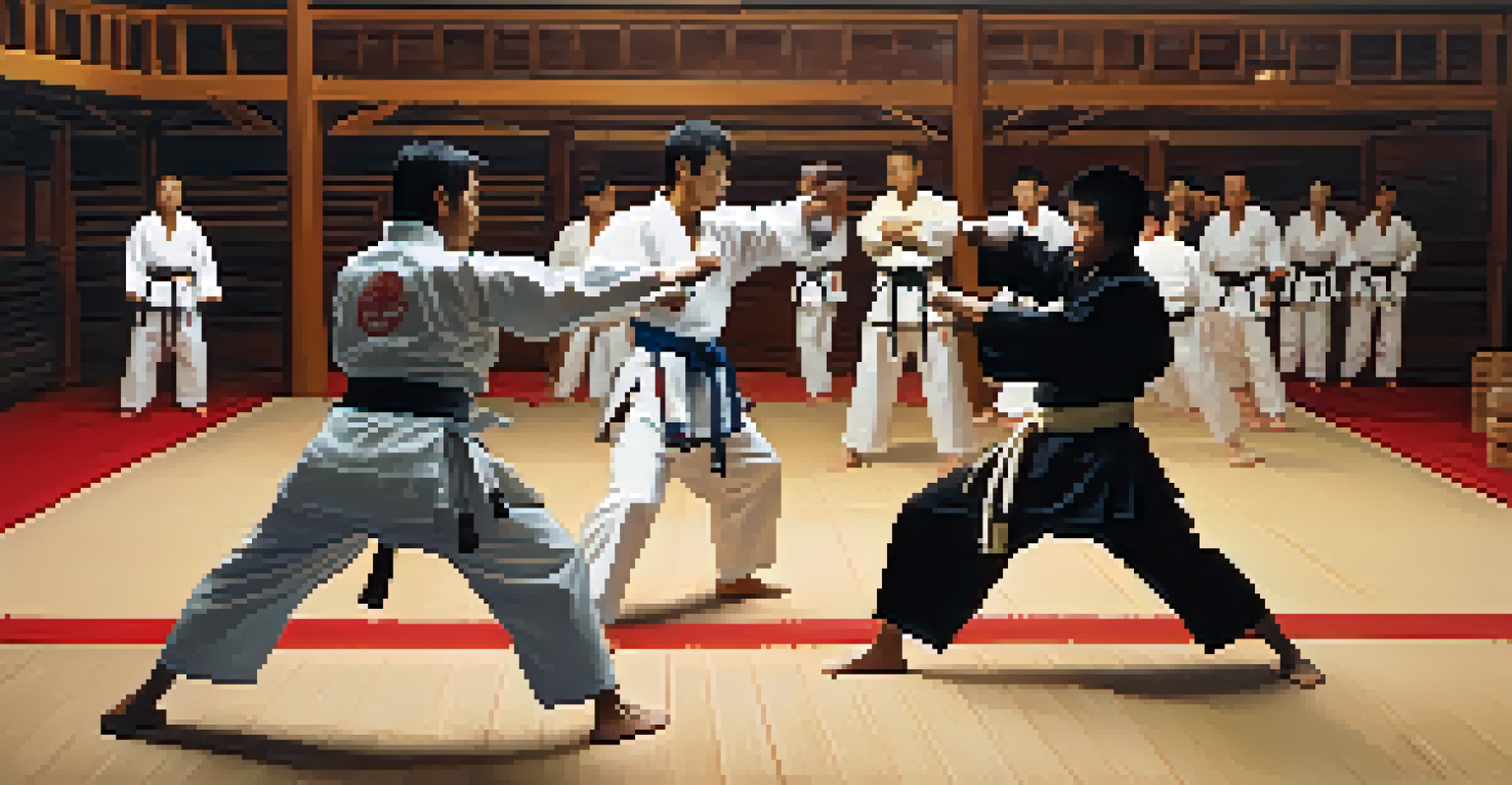 A group of martial artists sparring in a dojo, displaying different techniques and wearing colorful belts.