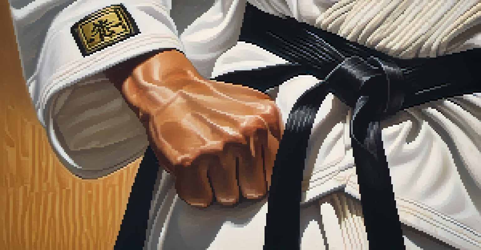 Close-up of a martial artist's hand gripping a black belt with blurred dojo elements in the background.