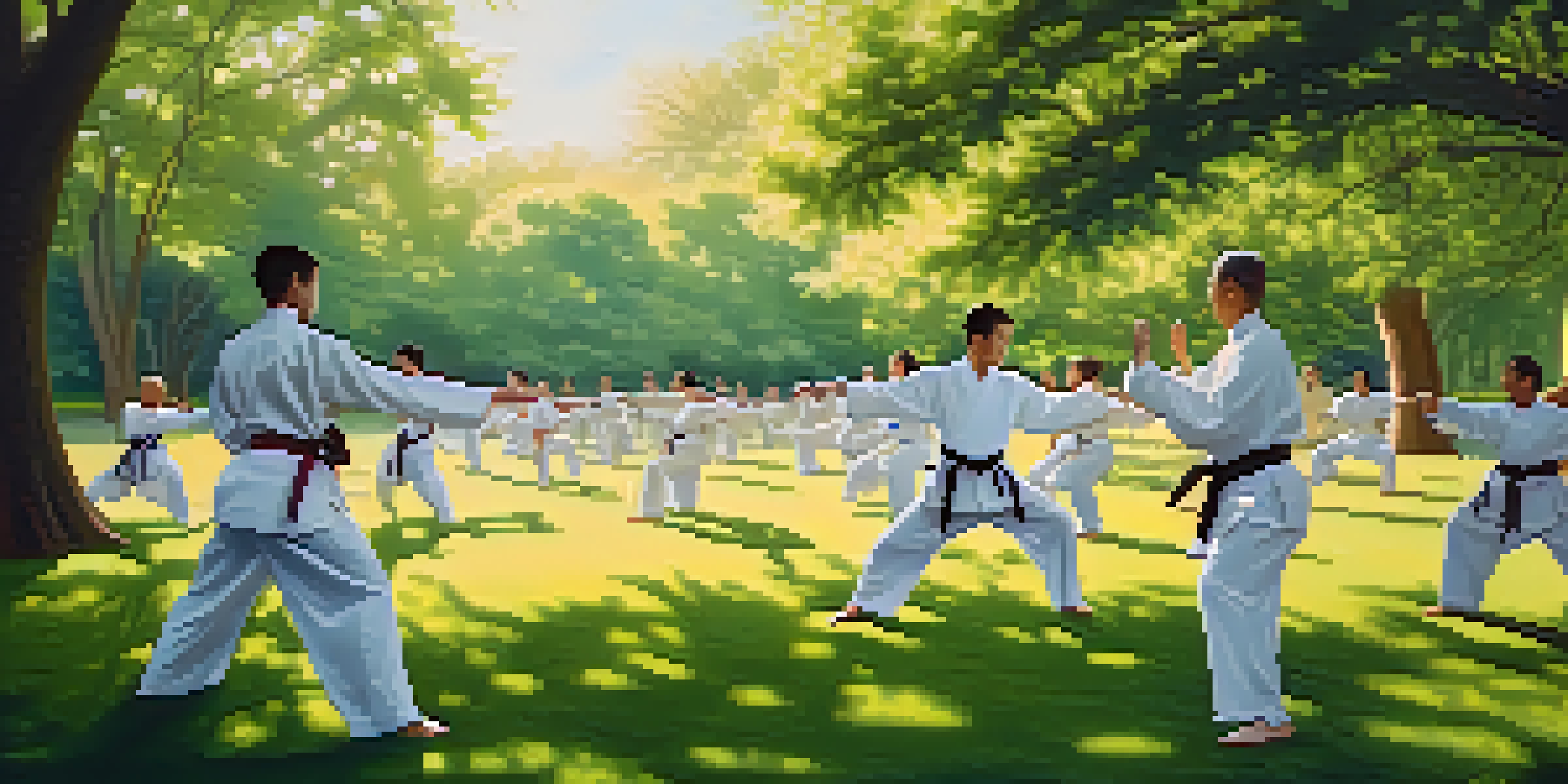 A diverse group of people practicing tai chi in a green park, with soft morning sunlight filtering through trees.