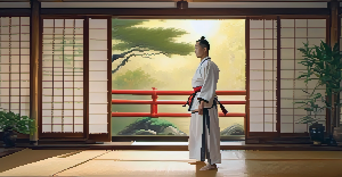 A martial artist practicing Kung Fu in a serene dojo at sunrise, with wooden floors and bamboo plants.