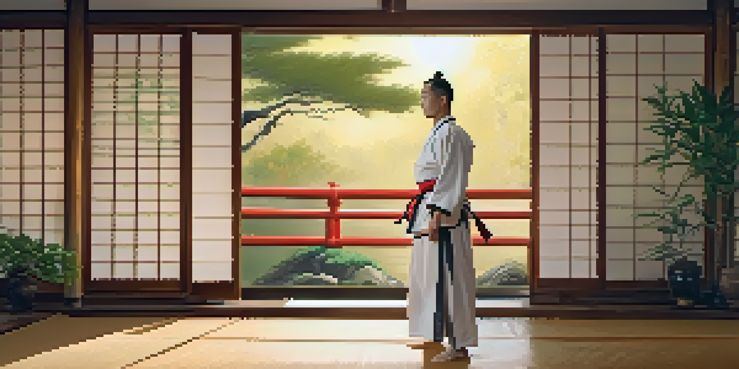 A martial artist practicing Kung Fu in a serene dojo at sunrise, with wooden floors and bamboo plants.