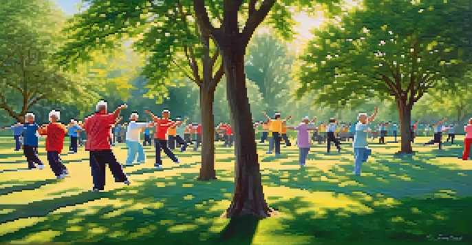 Older adults practicing Tai Chi in a sunny park, surrounded by greenery and clear skies.
