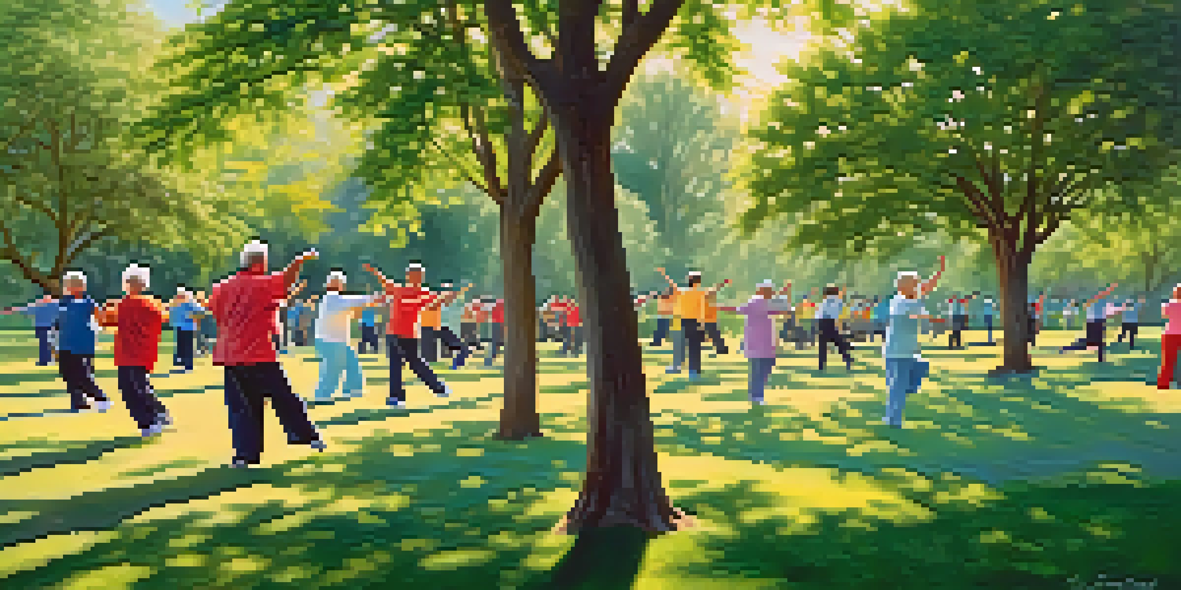 Older adults practicing Tai Chi in a sunny park, surrounded by greenery and clear skies.