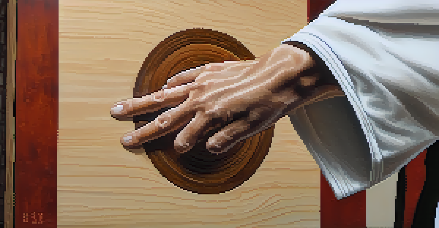 A close-up of a karate practitioner's hand striking a wooden target, emphasizing strength and precision.