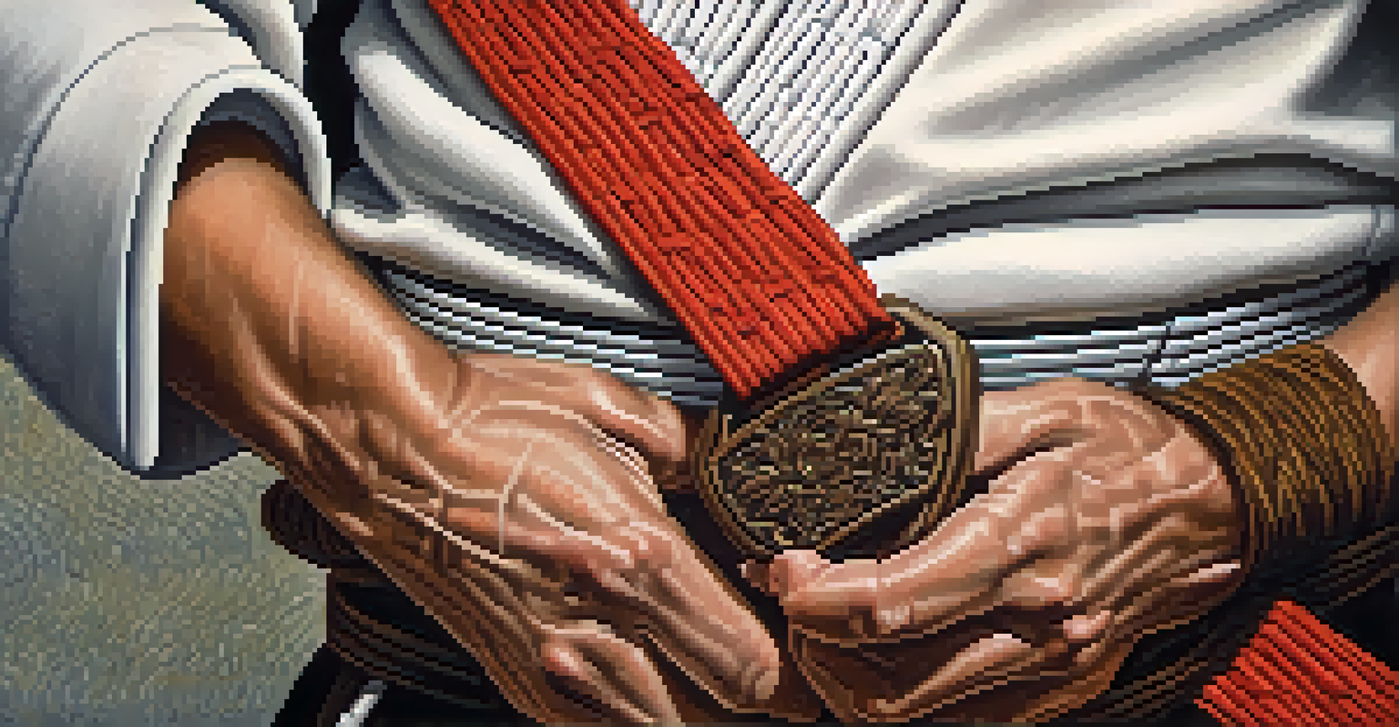 Close-up of a pair of hands holding a traditional karate belt, emphasizing the texture and dedication of martial arts.