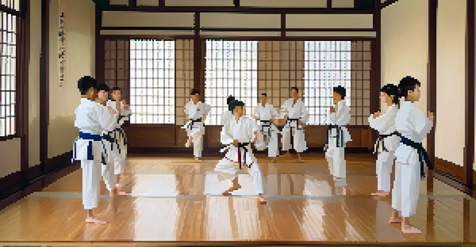 A group of students in white martial arts uniforms practicing a kata in a traditional dojo with polished wooden floors and warm lighting.