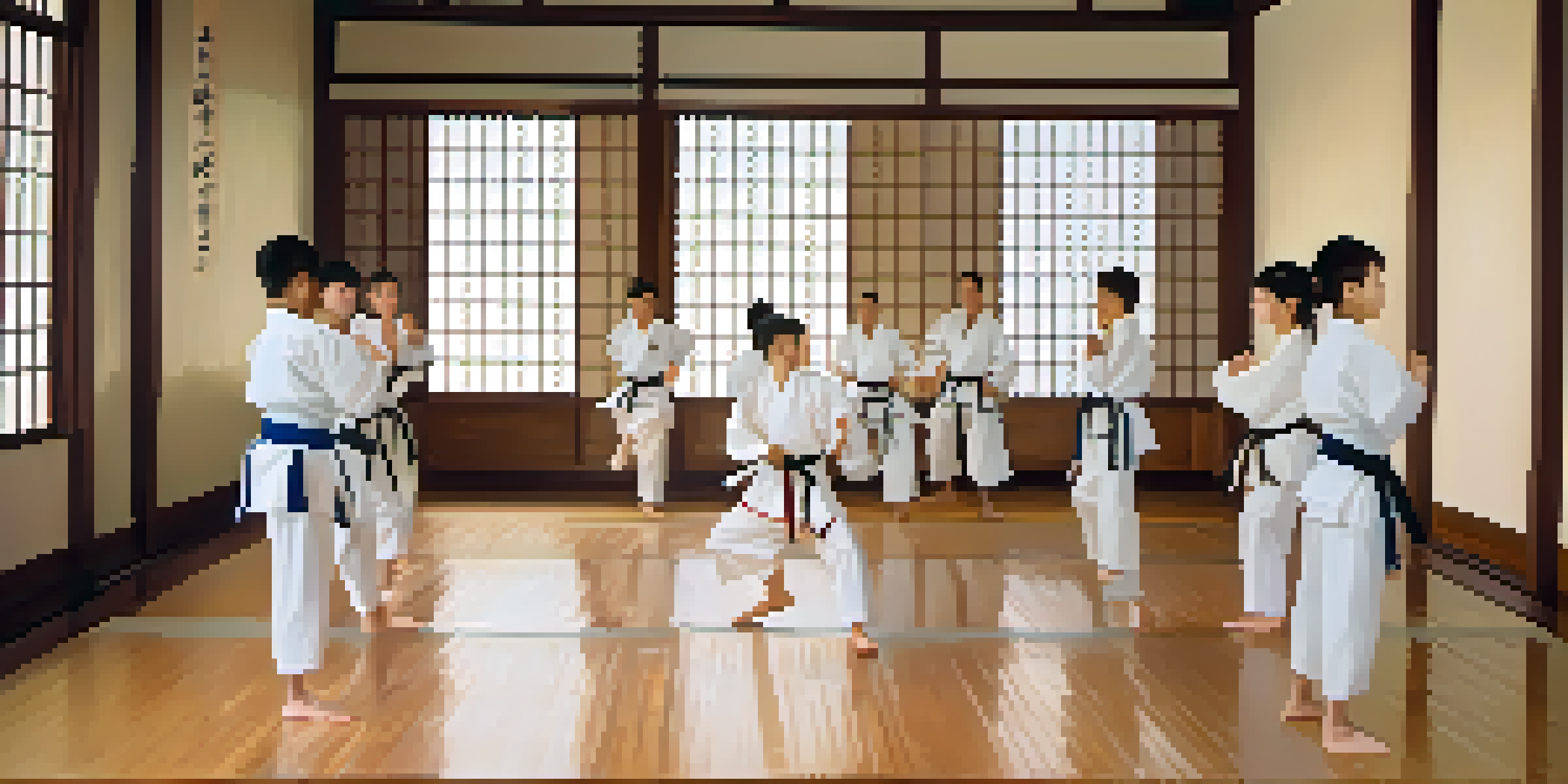 A group of students in white martial arts uniforms practicing a kata in a traditional dojo with polished wooden floors and warm lighting.