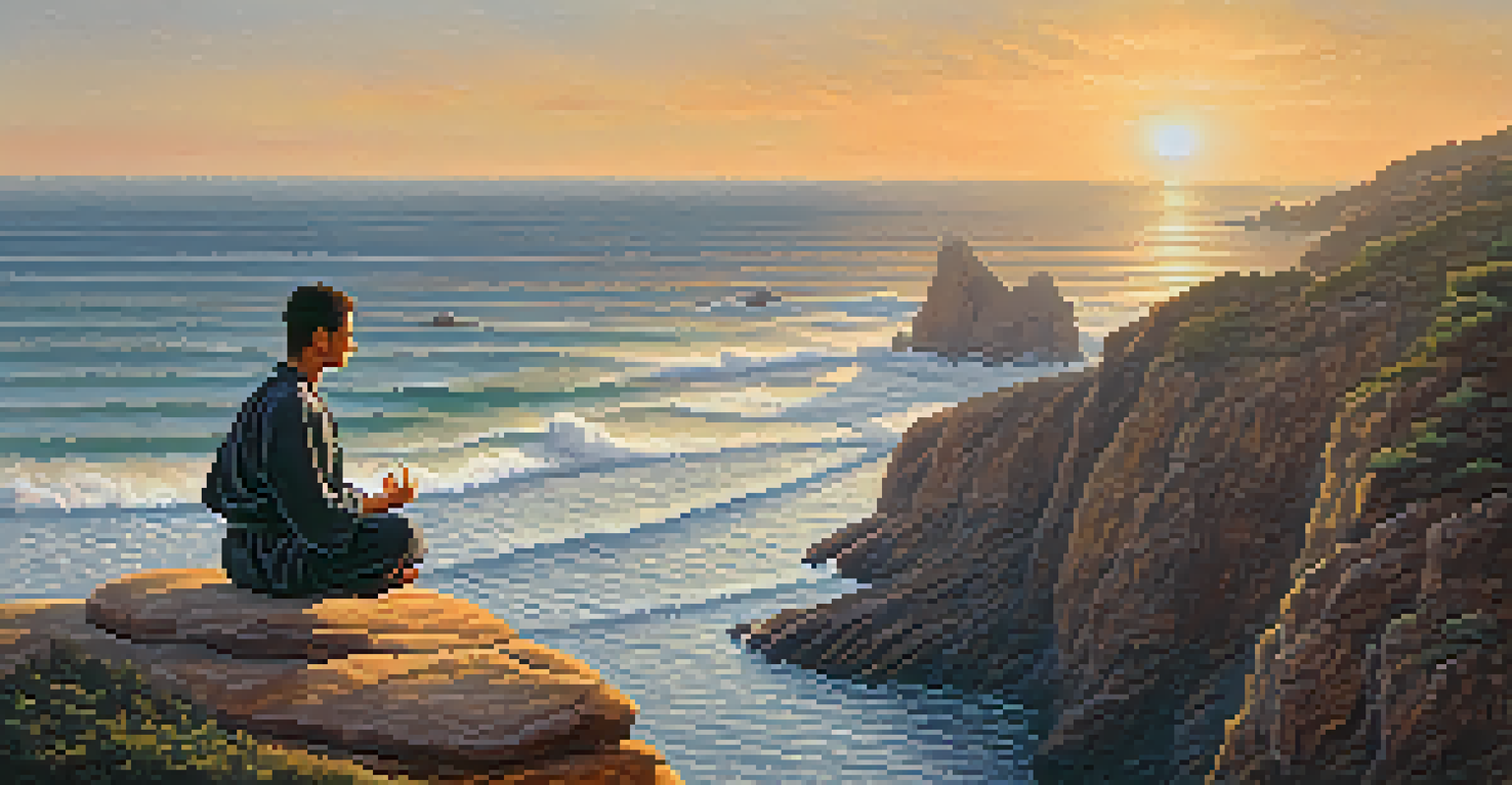 A martial artist meditating on a cliff at sunrise with a breathtaking view of the ocean.