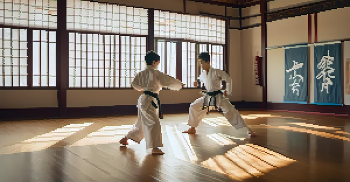 A young martial arts practitioner demonstrating a high kick in a well-lit dojo, with banners on the walls and other students in the background.