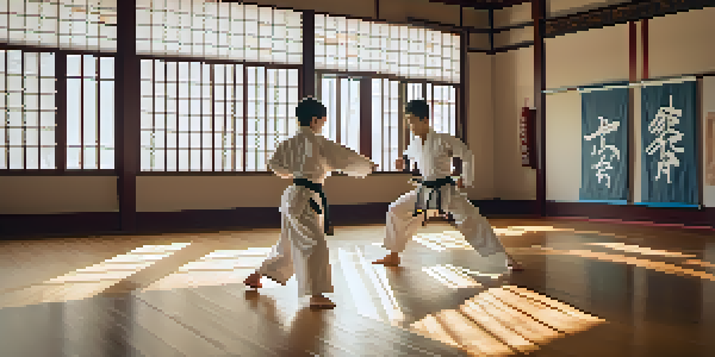 A young martial arts practitioner demonstrating a high kick in a well-lit dojo, with banners on the walls and other students in the background.