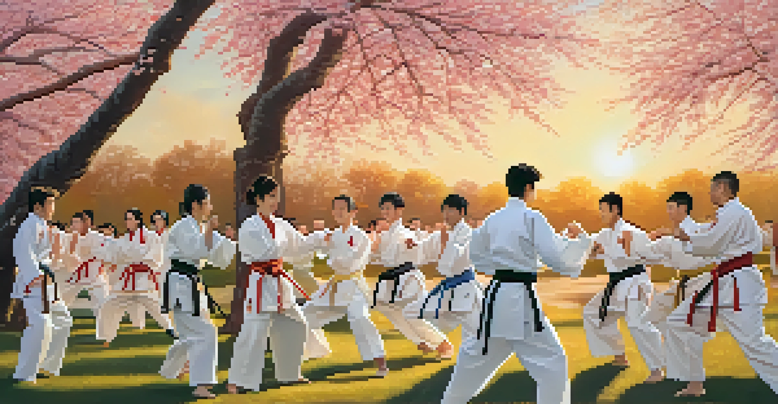 Diverse martial artists training together in a park during sunset, surrounded by blooming cherry blossom trees.
