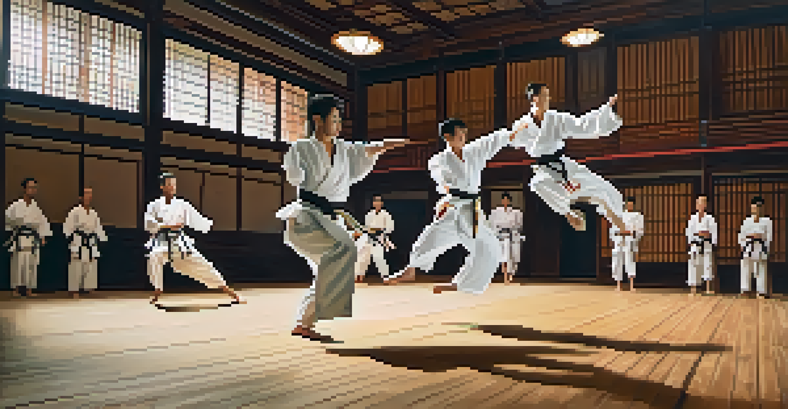 A group of martial artists mid-air during a choreographed performance in a dojo with soft lighting and traditional decor.
