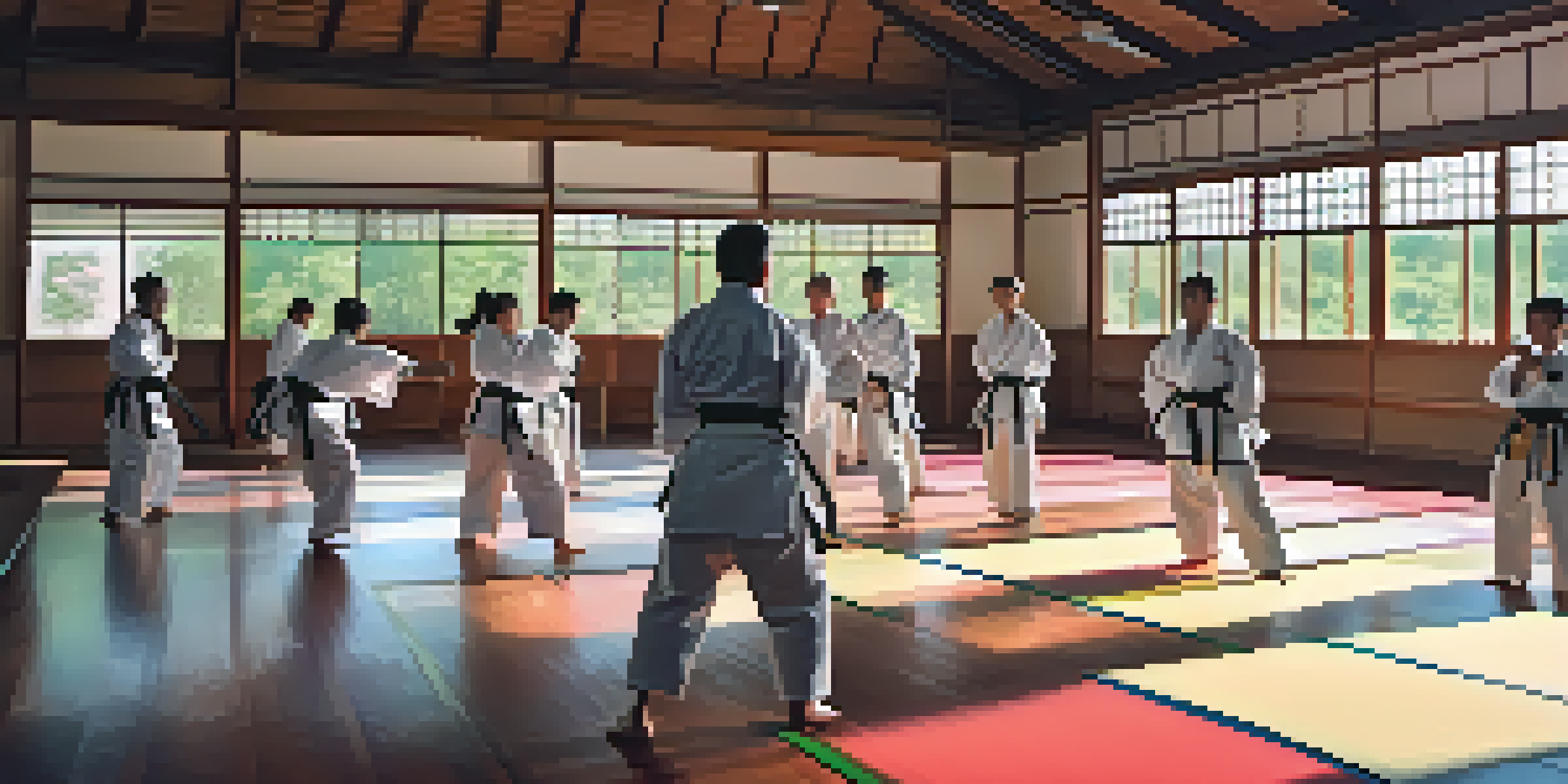 A dojo with diverse students practicing martial arts, showing determination and focus under natural sunlight.
