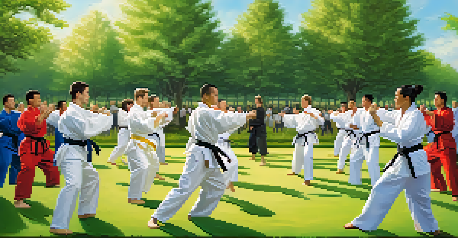 Employees participating in a martial arts class outdoors in a green park, with an instructor demonstrating a stance.