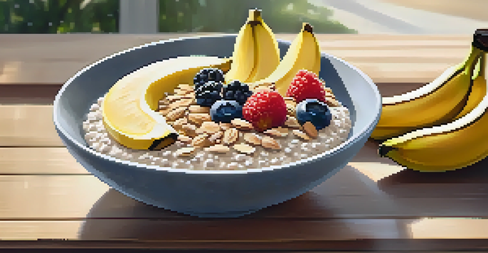 A bowl of oatmeal with sliced banana, almond butter, and chia seeds on a wooden table with morning light.