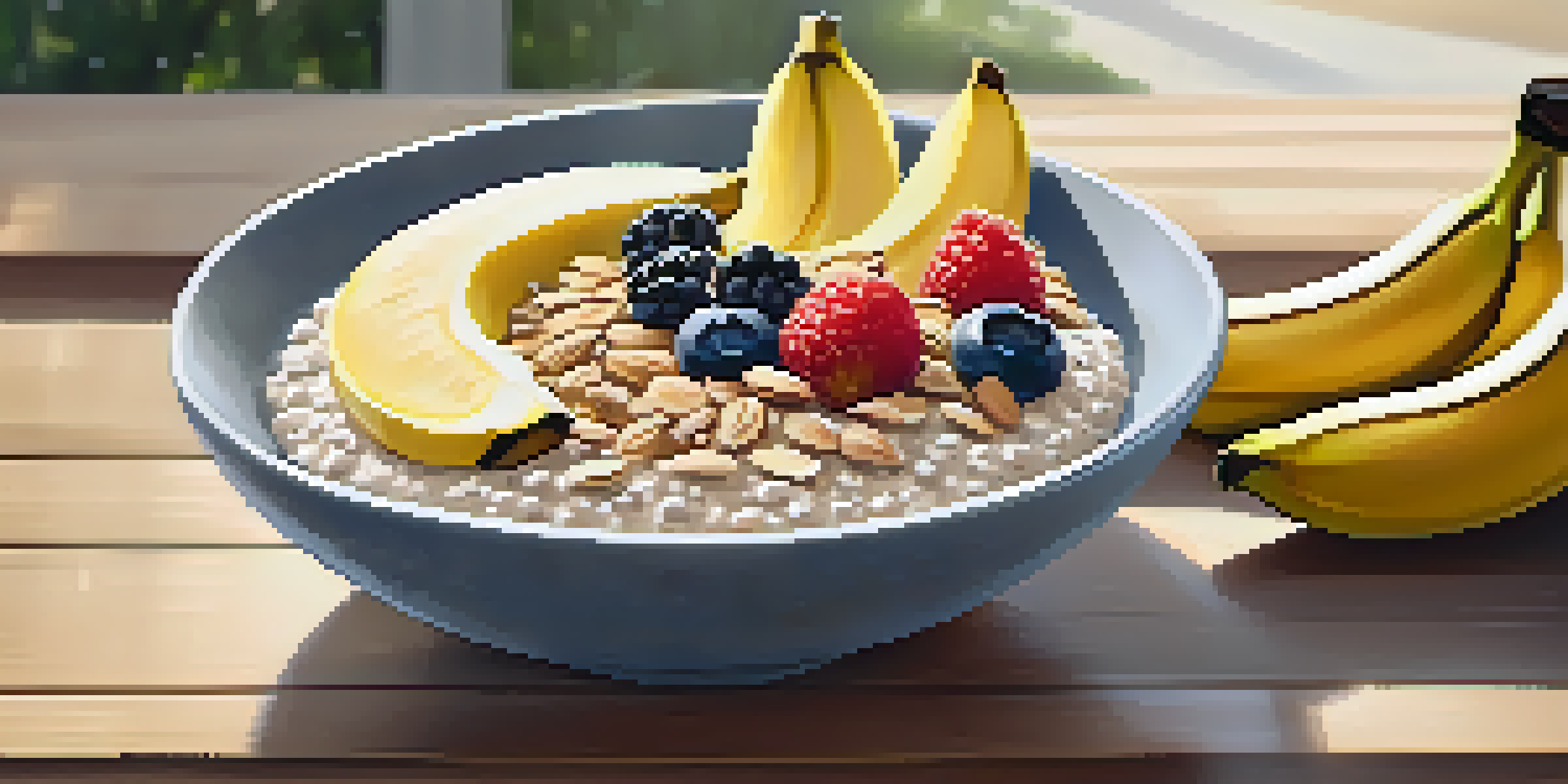 A bowl of oatmeal with sliced banana, almond butter, and chia seeds on a wooden table with morning light.