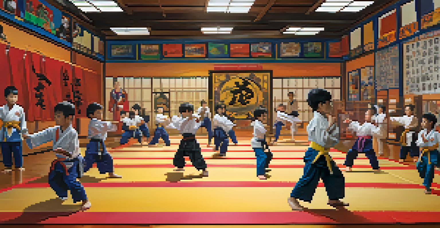 A group of children training together in a martial arts dojo, showcasing various activities.