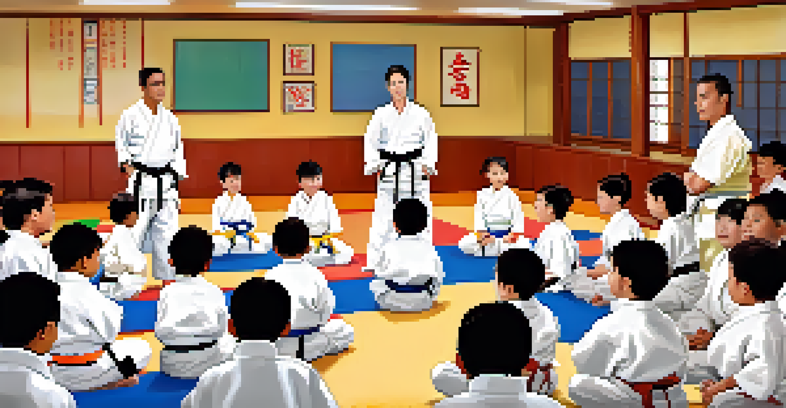 An instructor showing a kata to young students in a brightly lit dojo, with motivational posters and colorful belts on the students.