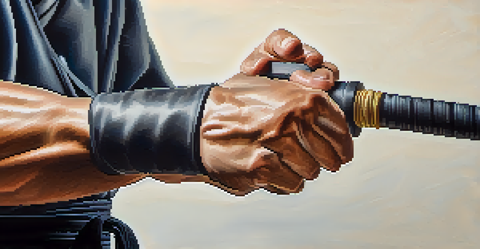 Close-up of a martial artist's hands gripping a training weapon, highlighting the texture and intensity.