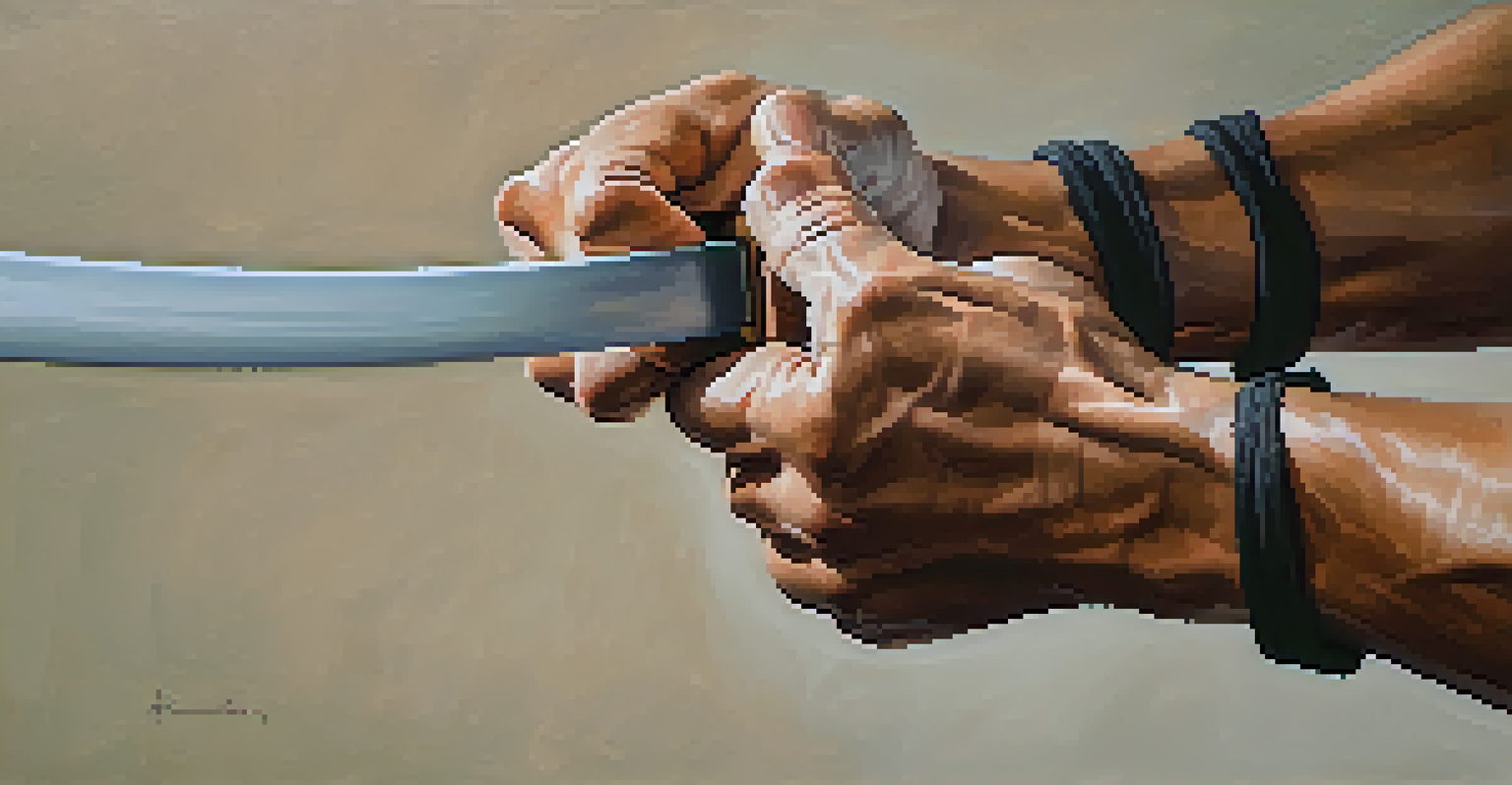 A close-up of a martial artist's hands gripping a training weapon, emphasizing focus and intent.