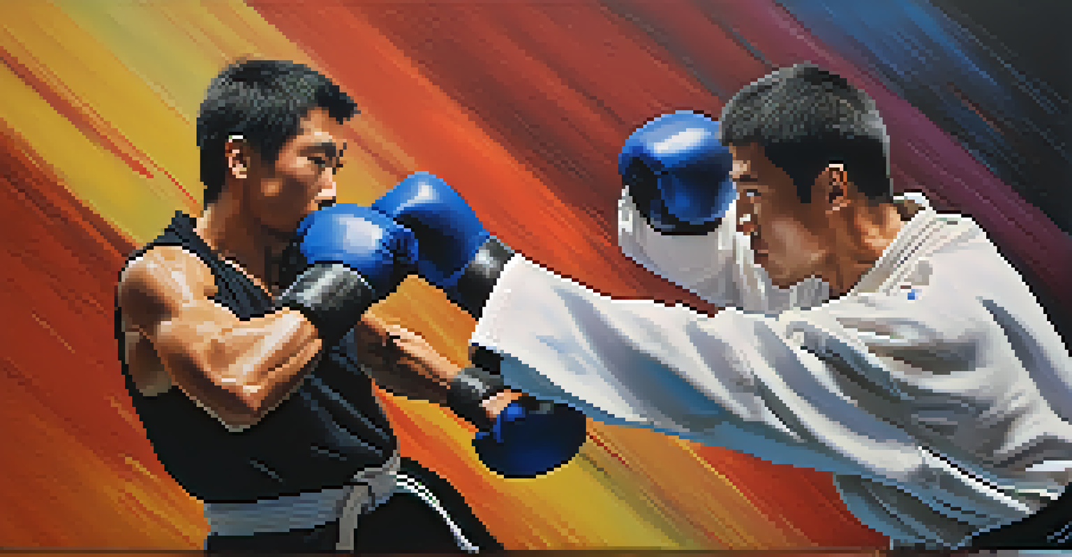 Two martial artists sparring, showcasing their intense focus and dynamic movements.