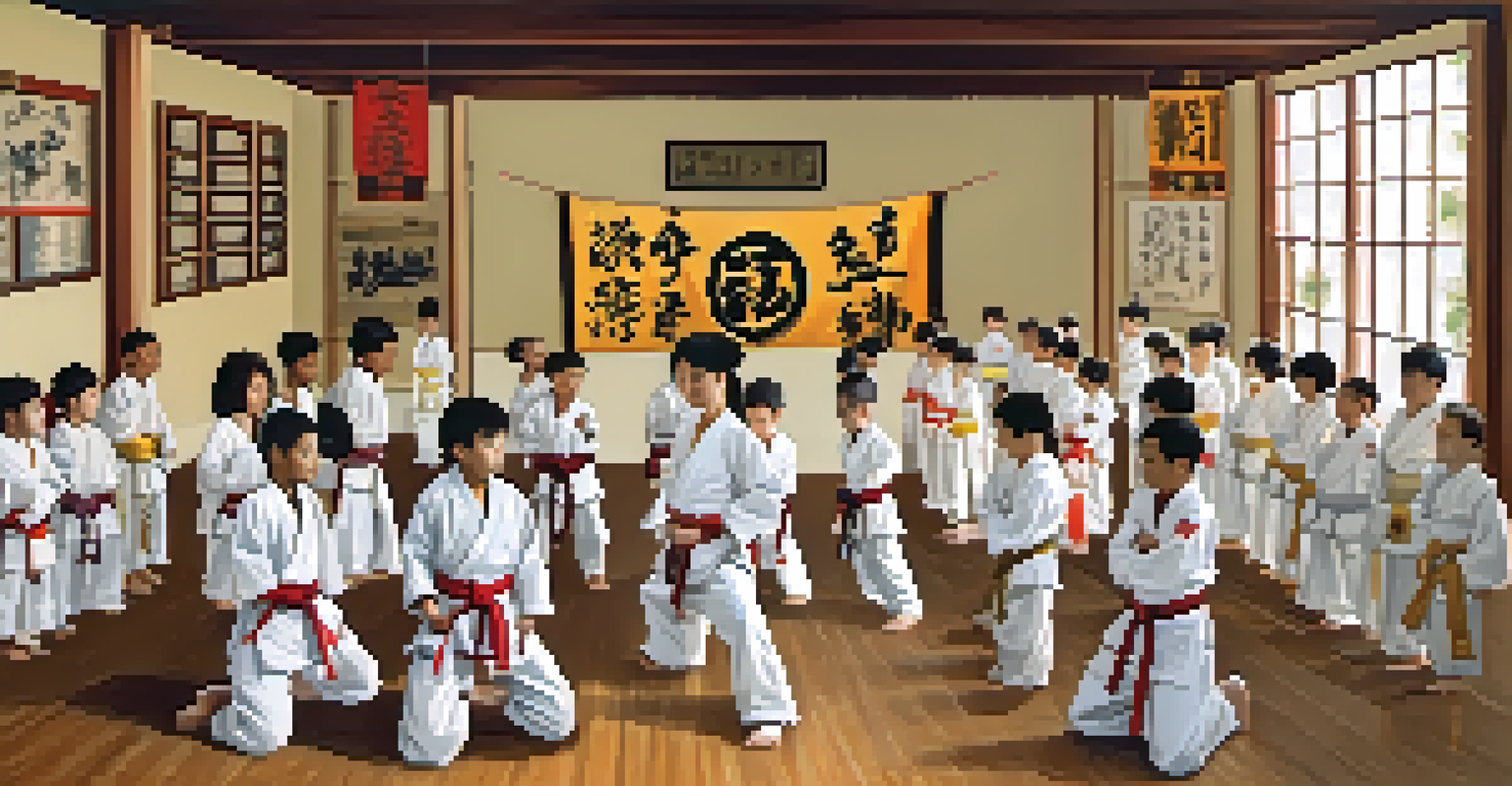 A diverse group of martial arts students participating in an educational workshop, discussing the history and philosophy of martial arts in a decorated classroom.