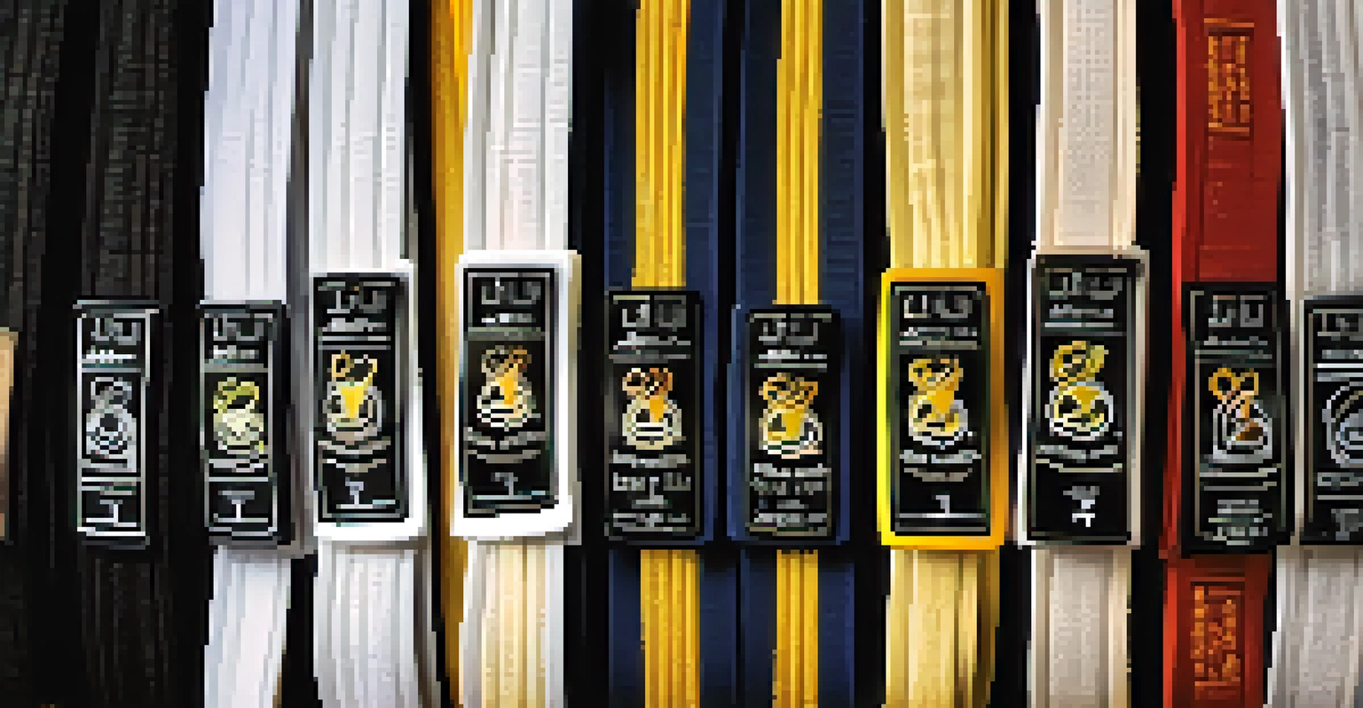 Close-up of Brazilian Jiu-Jitsu belts in different colors hanging on a wall, representing skill levels.