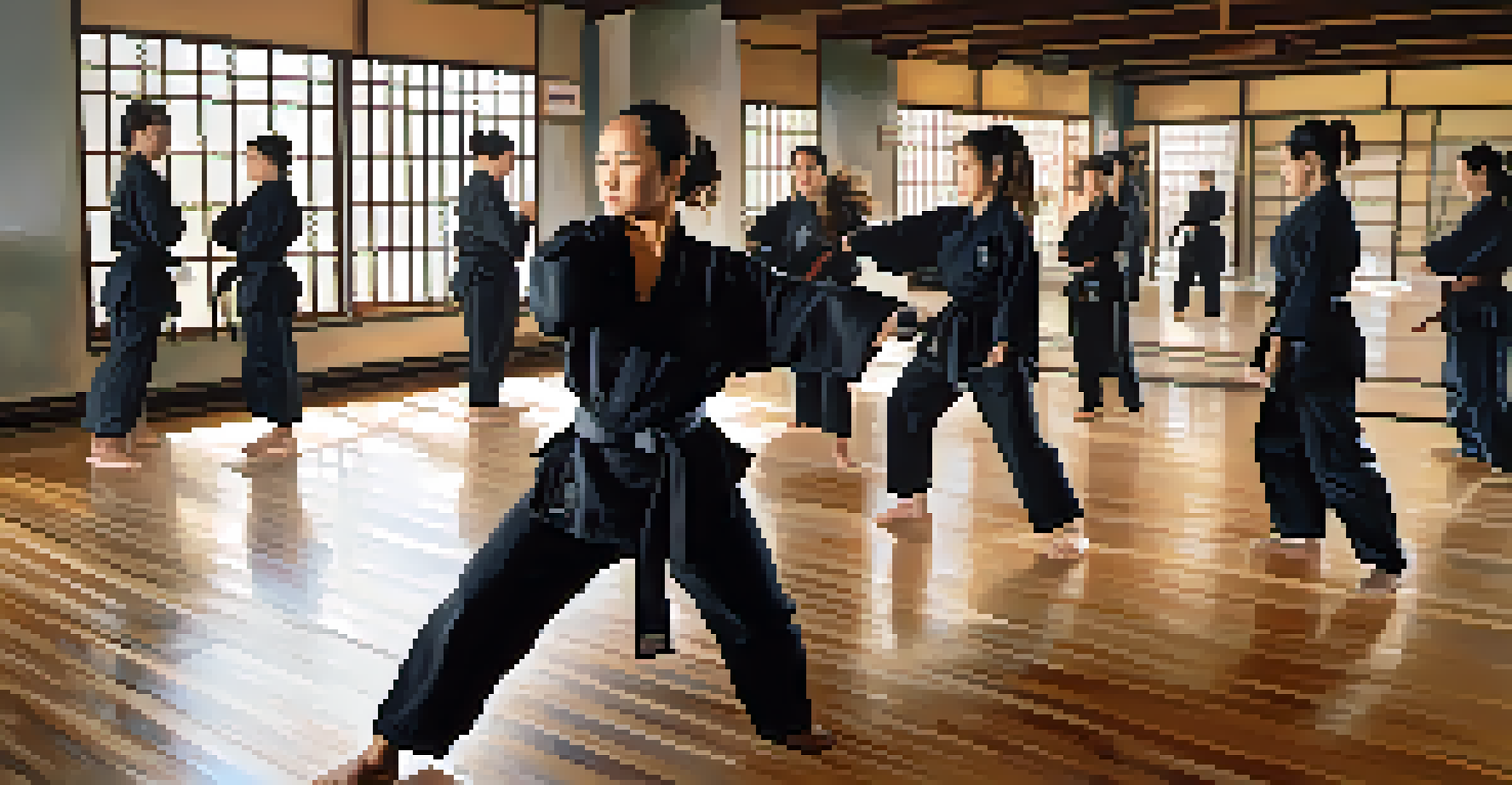 A diverse group of female martial artists training in a modern dojo, showcasing different techniques with determination and strength.
