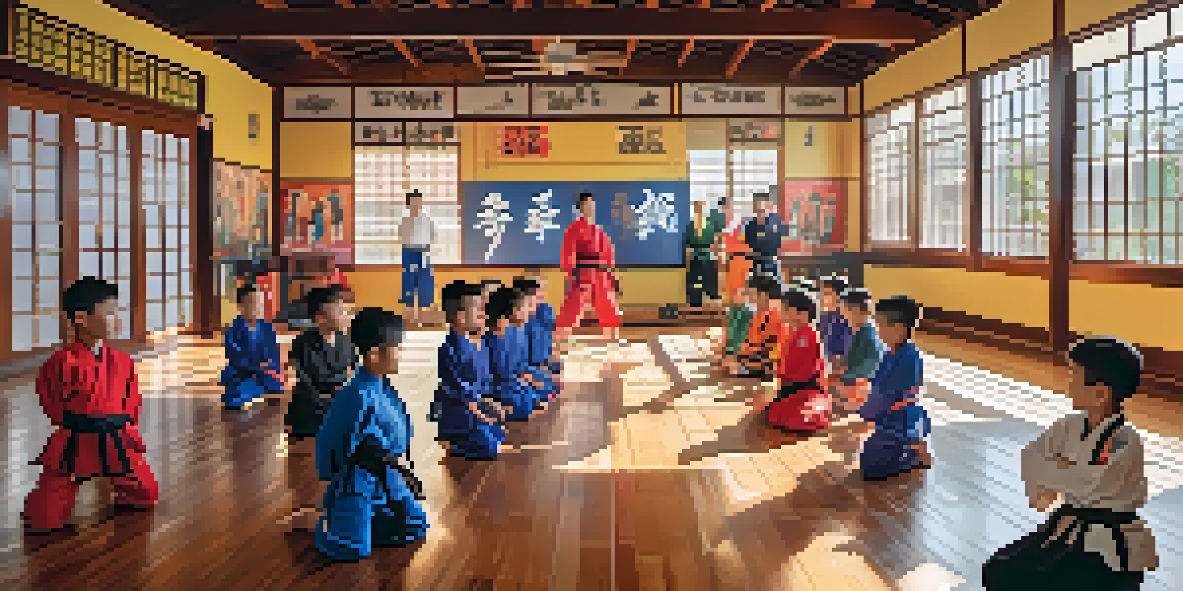 A bright martial arts dojo with children in various colored uniforms practicing techniques under the guidance of instructors.