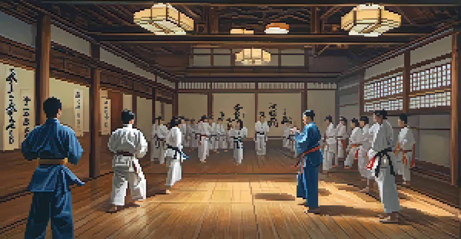 A local dojo interior with students practicing martial arts, surrounded by traditional memorabilia.