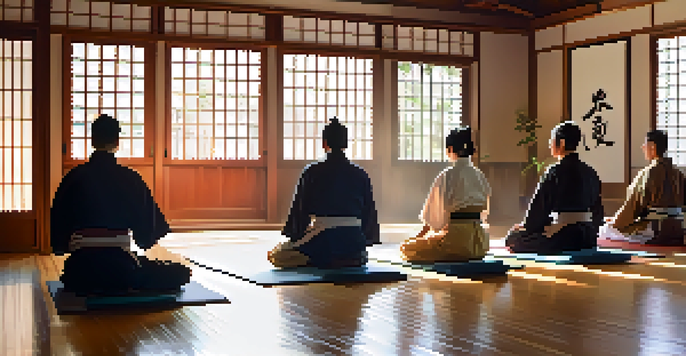 A calm dojo with sunlight shining through screens, featuring practitioners meditating together.