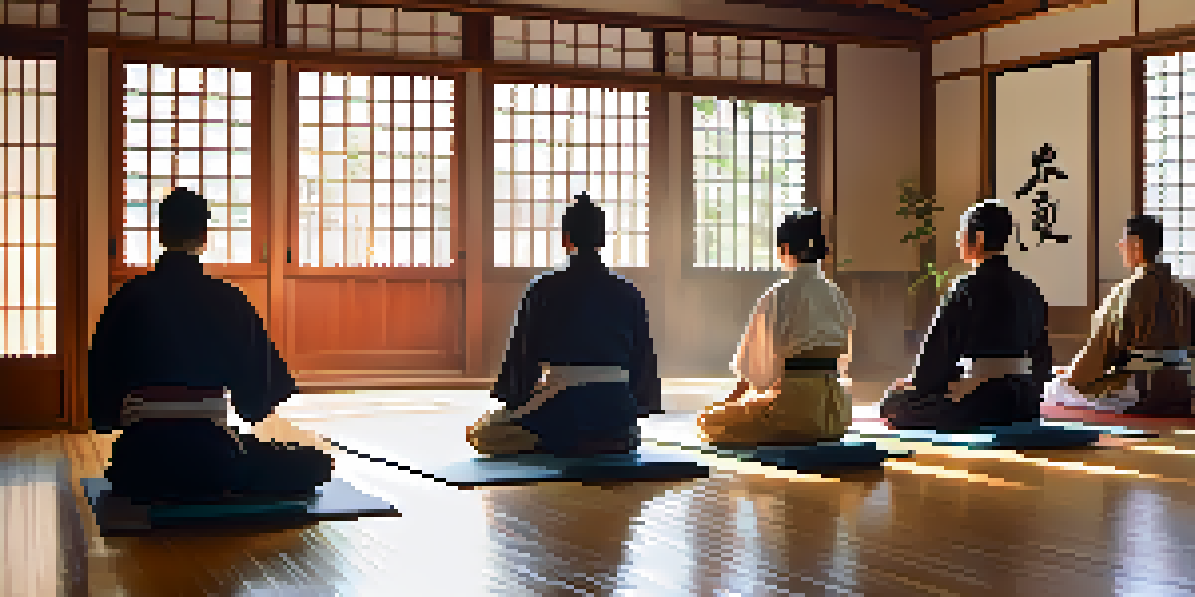 A calm dojo with sunlight shining through screens, featuring practitioners meditating together.