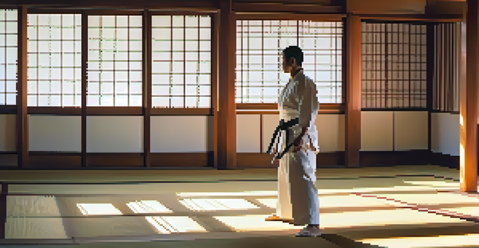 A martial artist performing a kata in a warm-lit dojo, surrounded by wooden structures and tatami mats, with sunlight filtering through shoji screens.