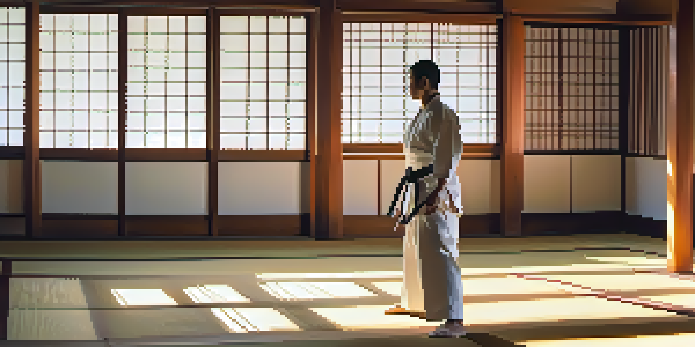 A martial artist performing a kata in a warm-lit dojo, surrounded by wooden structures and tatami mats, with sunlight filtering through shoji screens.