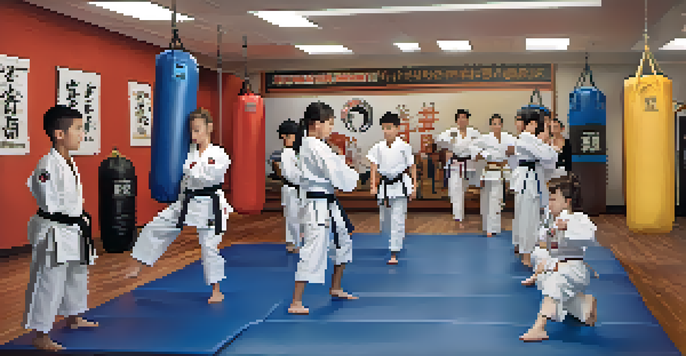 A diverse group of martial arts students training in a bright studio, using adaptive equipment like padded mats and modified punching bags.