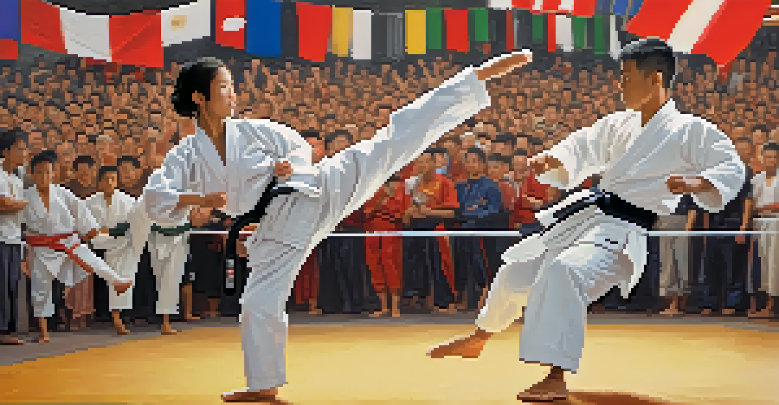 A thrilling martial arts competition with two practitioners executing techniques, surrounded by an enthusiastic audience in a vibrant festival atmosphere.