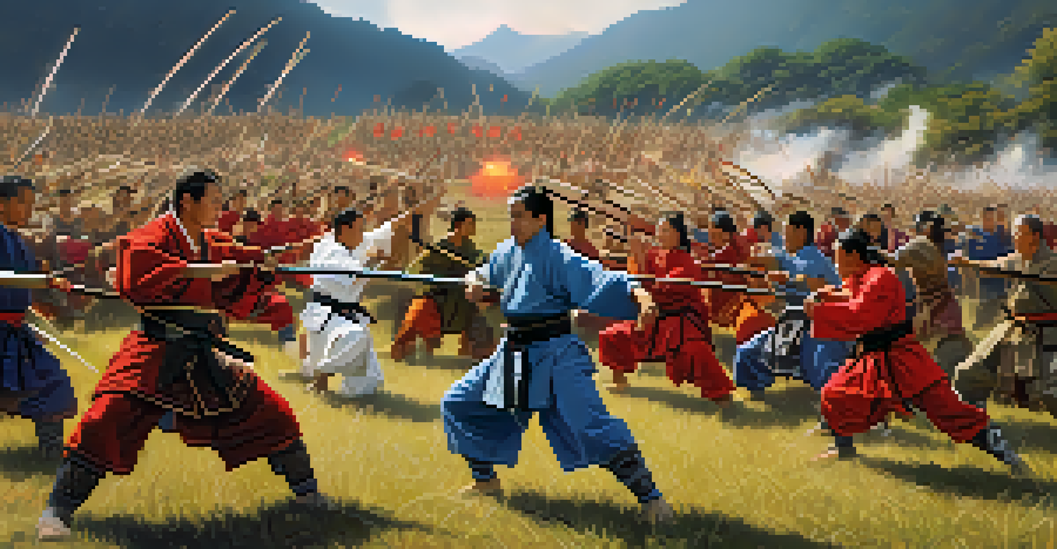 A diverse group of martial arts reenactors demonstrating different weapons in an open field, showcasing various cultural attire and expressions.