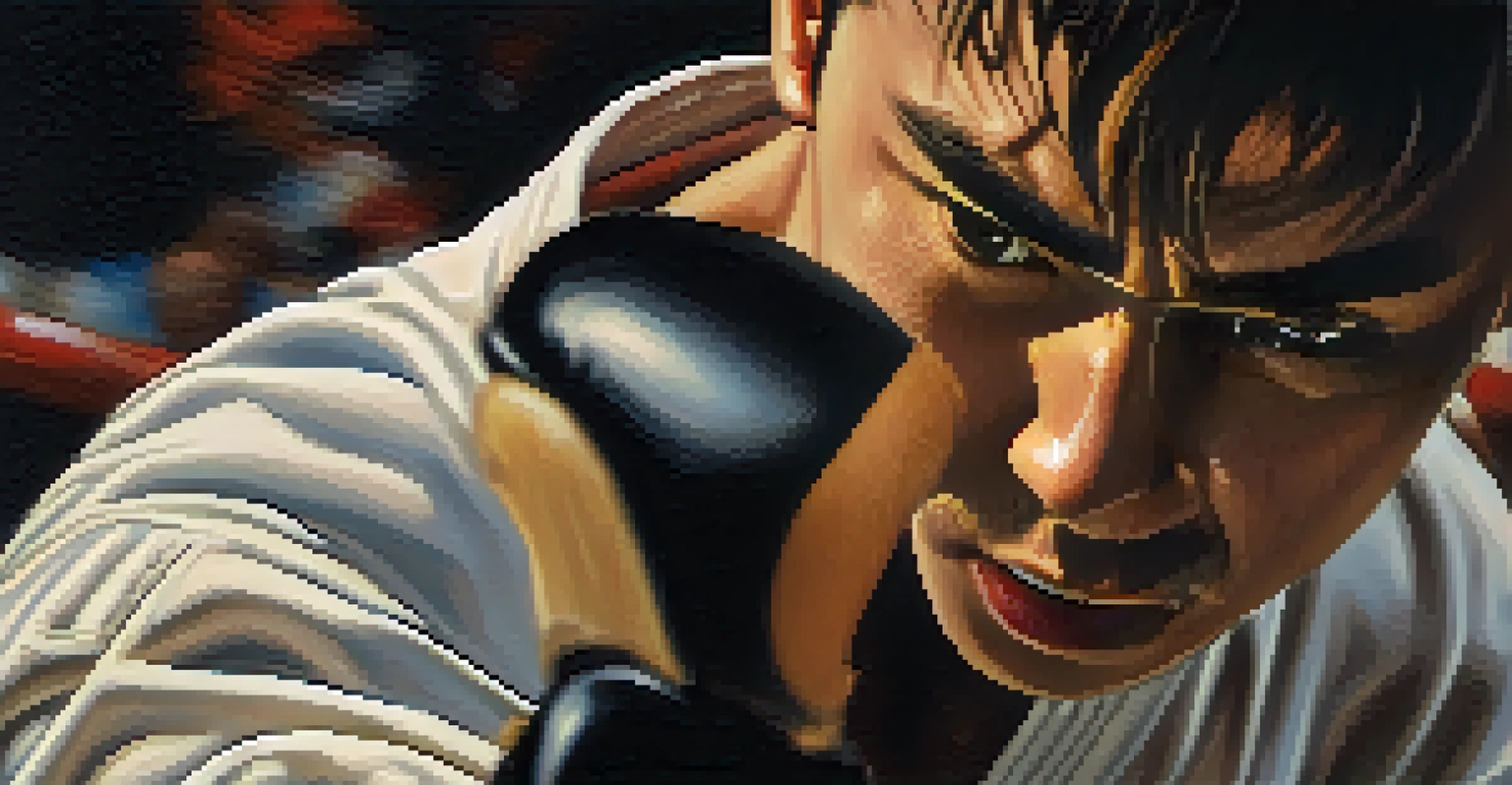 A close-up of a martial artist's hand striking, showcasing the gloves and the intensity of the moment.