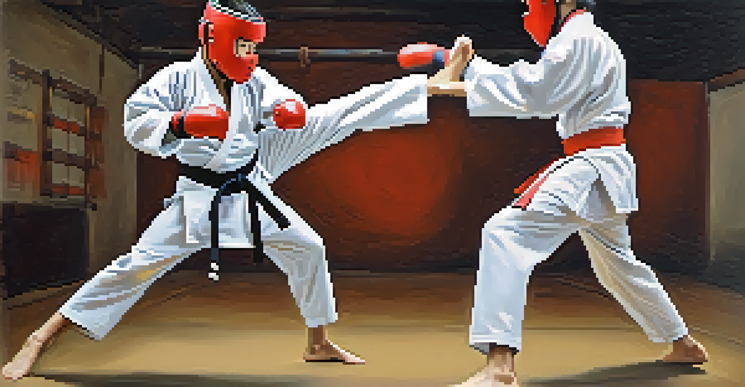 Close-up of two martial arts students sparring, showcasing trust and determination in their expressions.