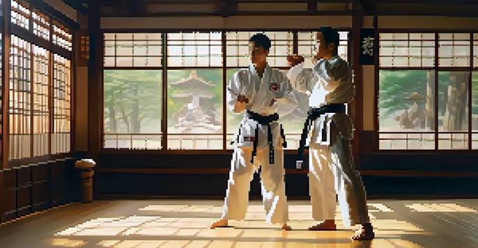 Two martial artists communicating in a dojo, with sunlight filtering through windows and warm tones on the wooden floor.