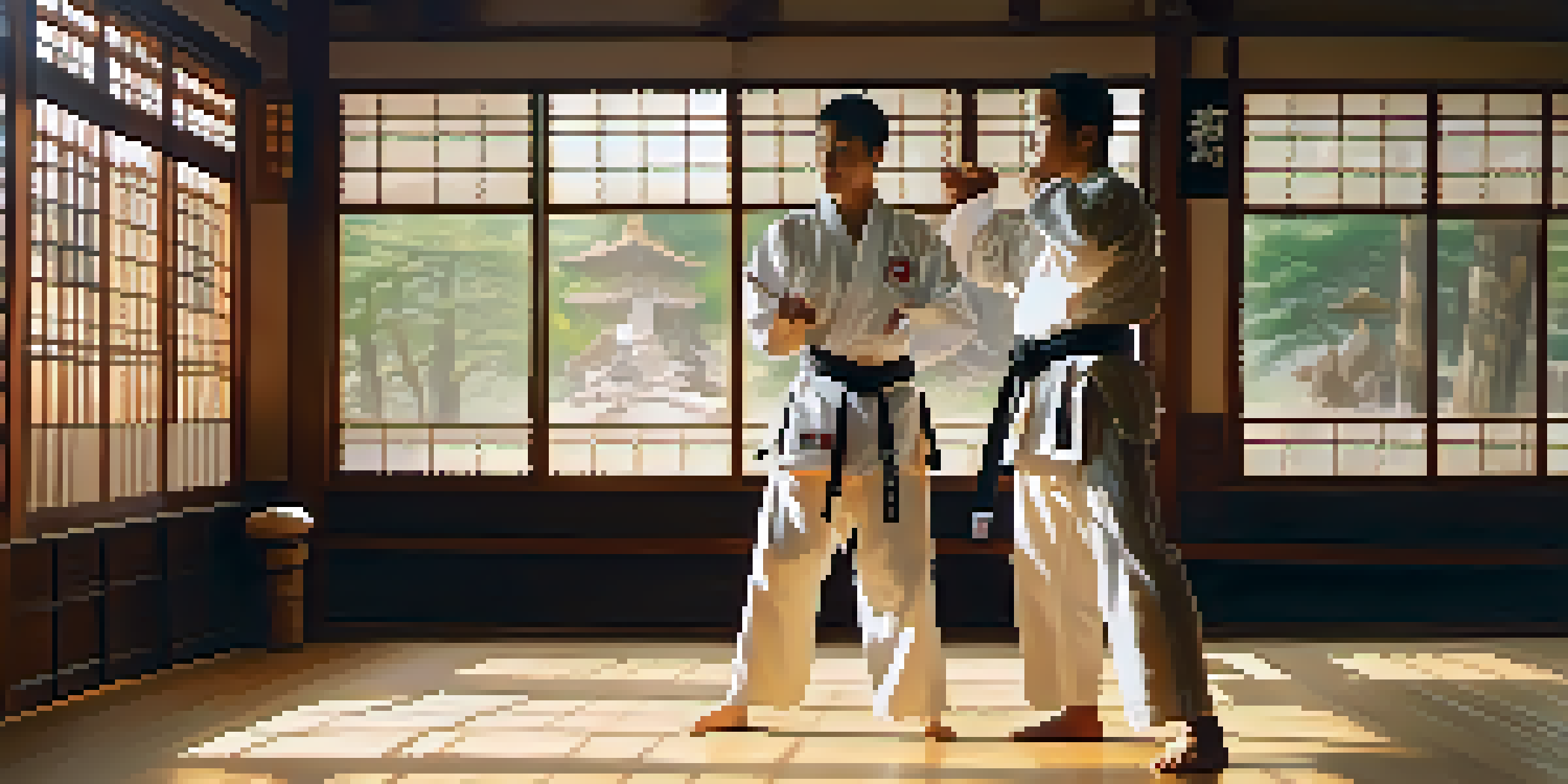 Two martial artists communicating in a dojo, with sunlight filtering through windows and warm tones on the wooden floor.