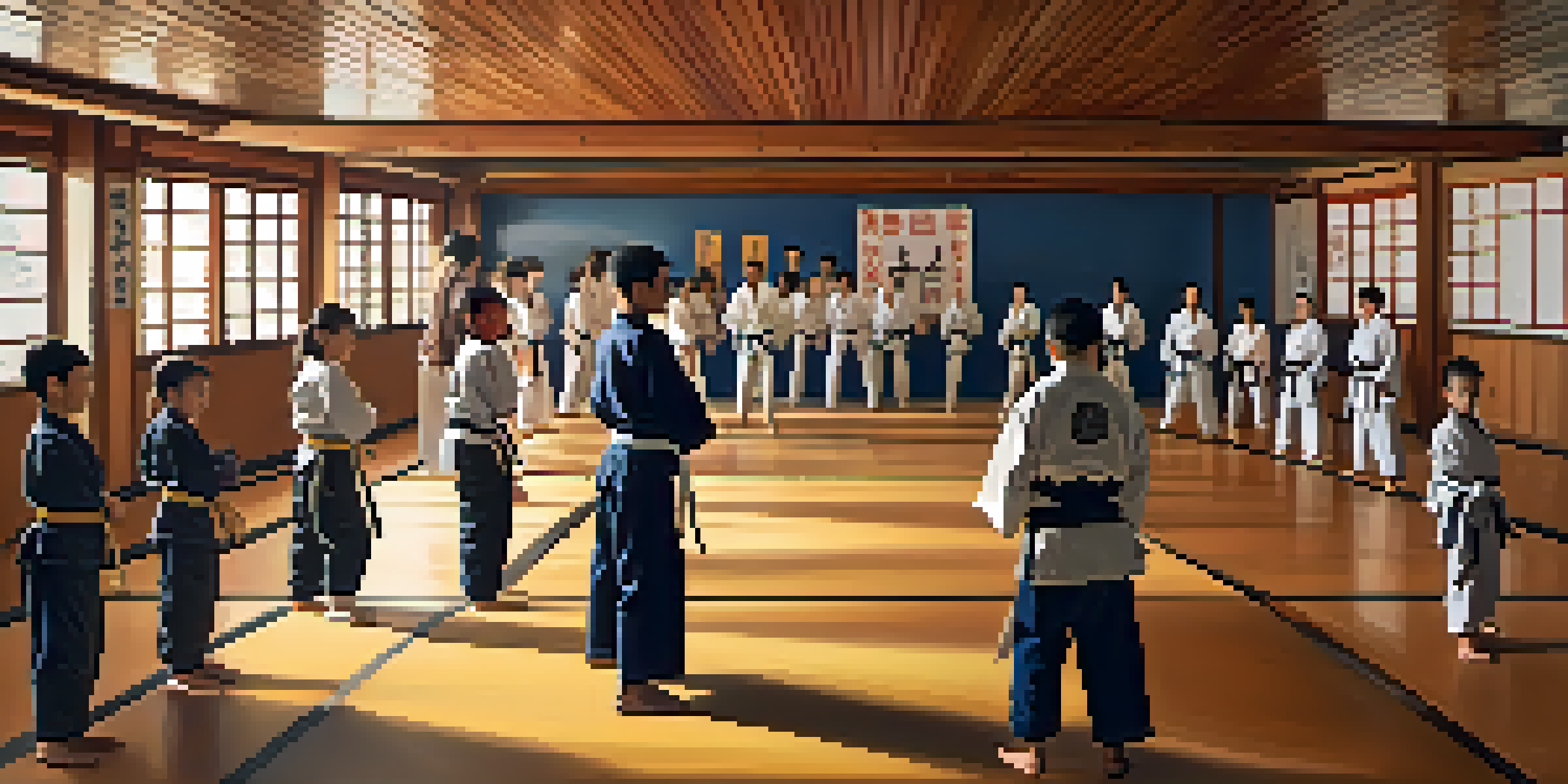 A diverse group of martial arts students practicing in a bright dojo, with an instructor guiding them.