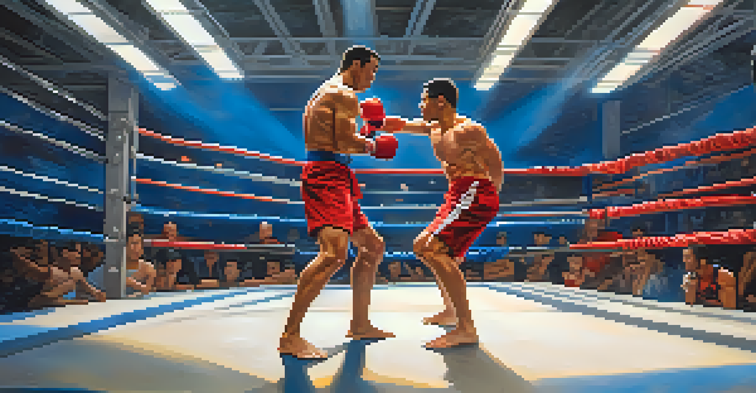 Two fighters sparring in a mixed martial arts match inside a modern gym, showcasing intense physical activity.