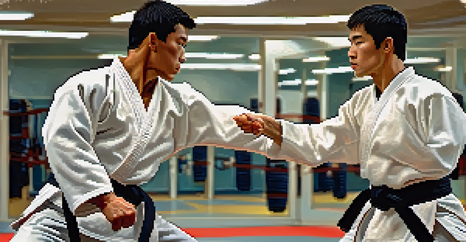 Two martial artists practicing partner drills in a training gym, showcasing their techniques and focus.