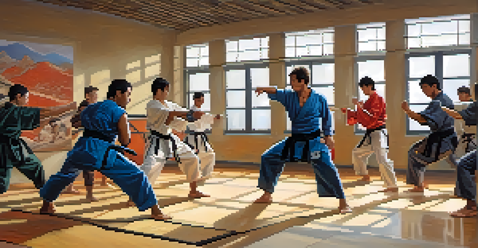 A modern martial arts class practicing ancient Greek techniques in a bright training studio.