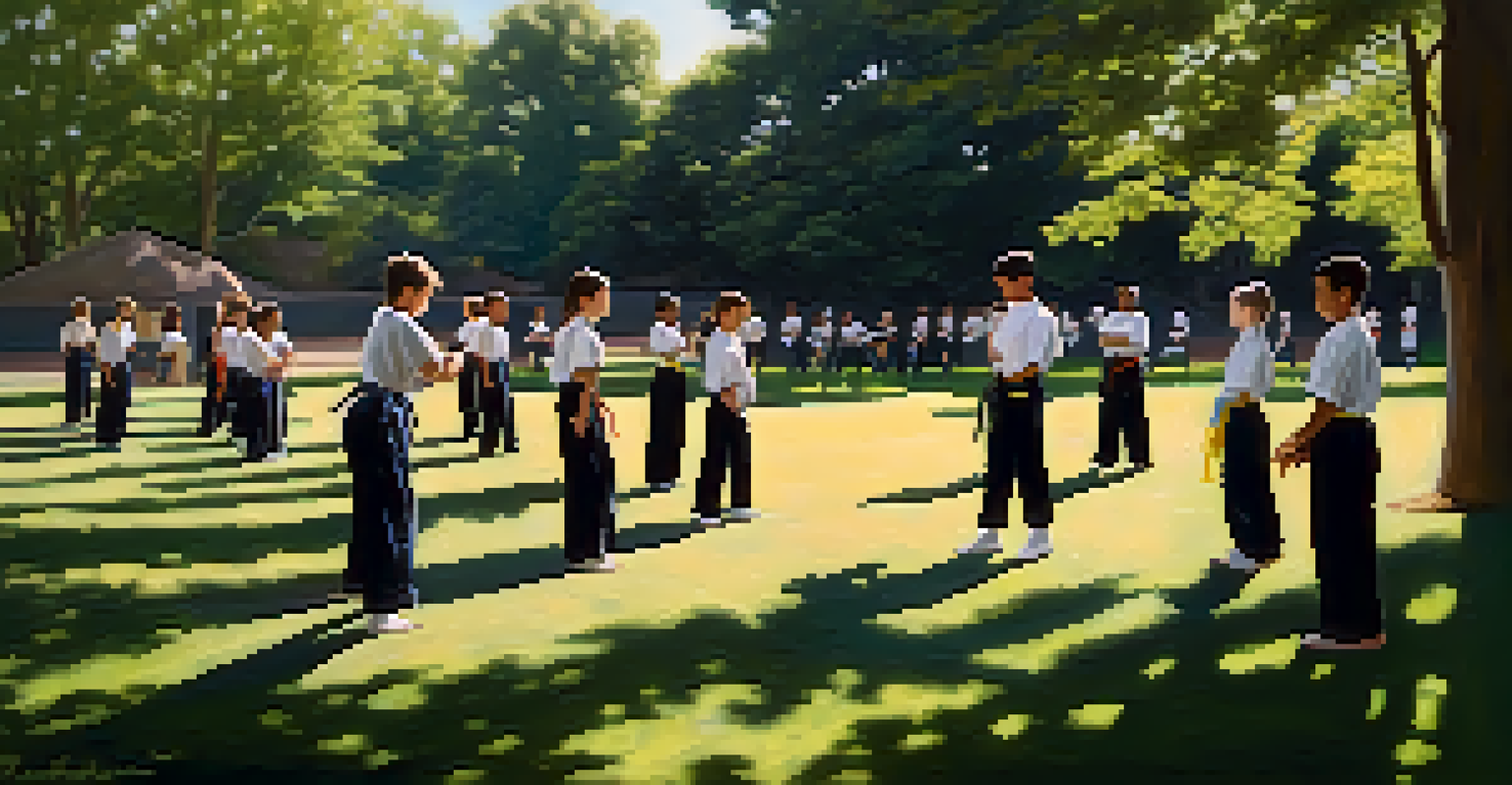 A group of young martial artists training together in a park, guided by their mentor, showcasing teamwork and community.