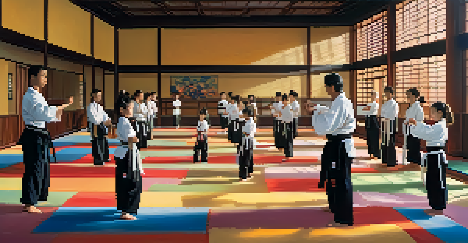 An instructor teaching a young girl in a martial arts class, with students of different ages practicing in a colorful dojo.