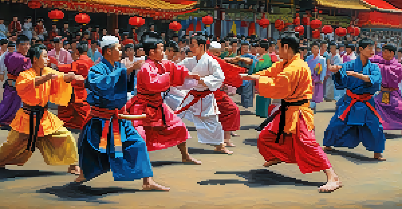 A colorful cultural festival featuring martial arts performances and traditional attire, highlighting the rich heritage.